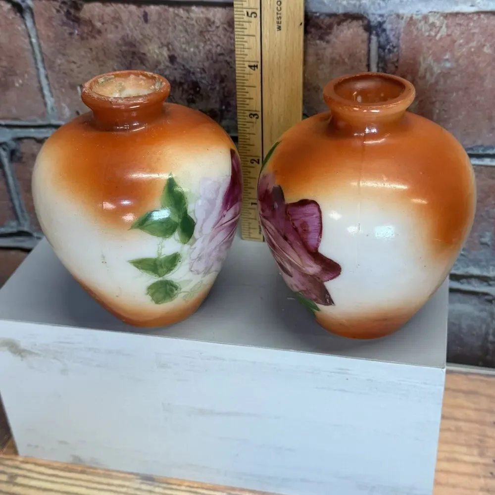 Set of 2 Antique 1900-1920's Fostoria Milk Glass Bulbous Vases Hand-Painted Rose